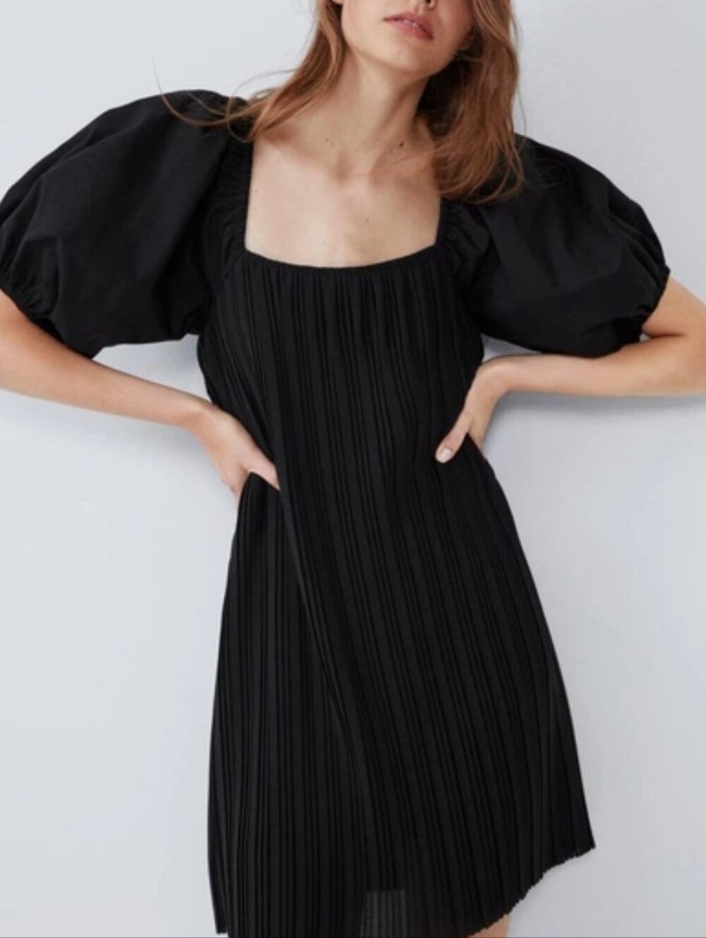 Zara Black Pleated Puff-Sleeve Mini Dress Womens Size S